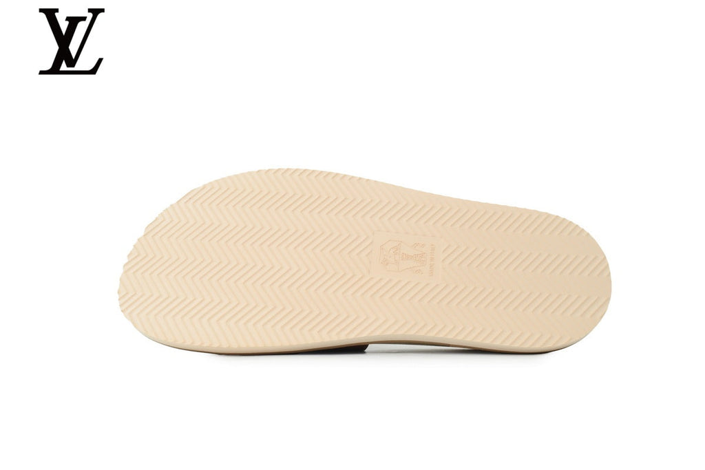Louis Vuitton shoes for man  women Single Strap Slide Sandal – Tan Suede Leather & Beige Footbed