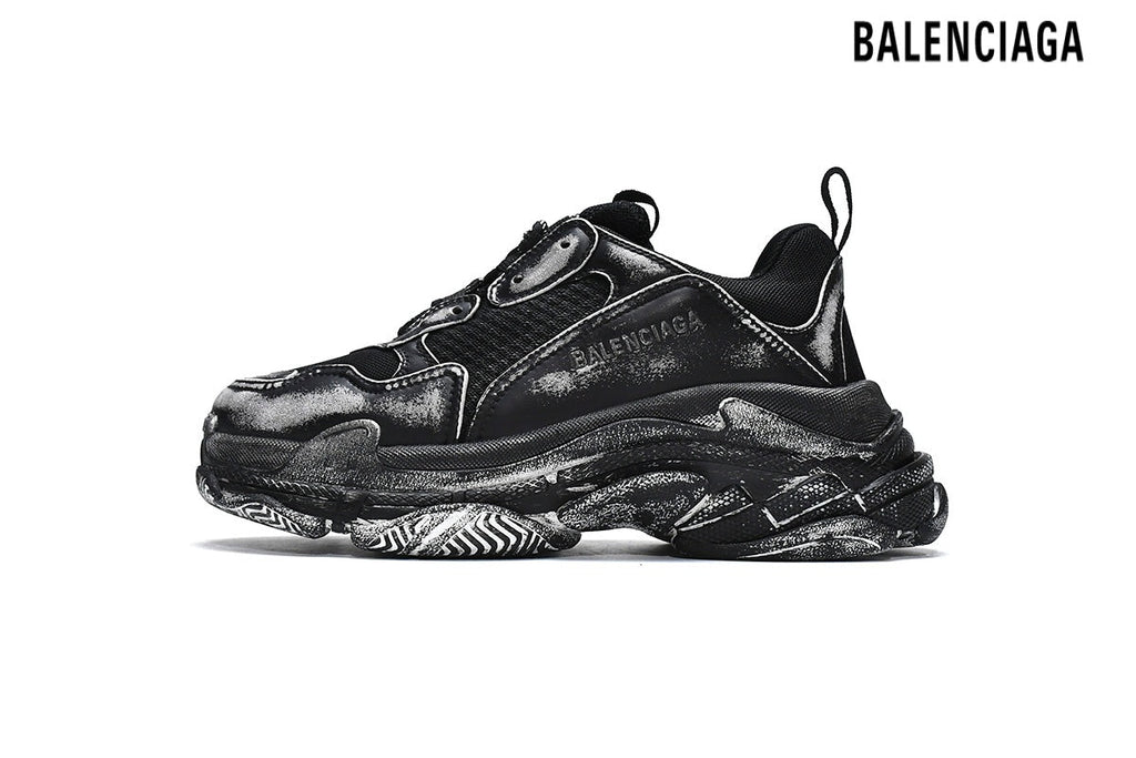 Balenciaga Triple S men's shoes  women sneakers Black Vintage Washed