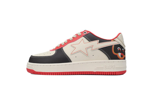 A BATHING APE BAPE STA Black, Cream & Coral Red Graphic Sneakers | Women's & Men's Skate-Inspired Shoes