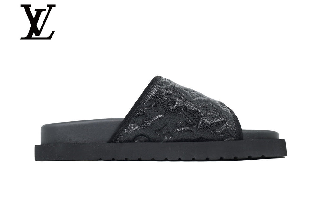 louis vuitton shoes for man  women Black Monogram-Pattern Leather-Look Slides | Sizes 35–46