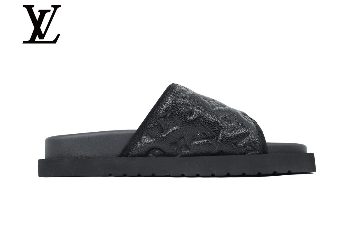 louis vuitton shoes for man  women Black Monogram-Pattern Leather-Look Slides | Sizes 35–46