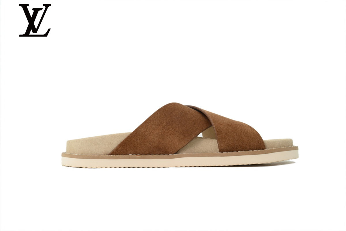 Louis Vuitton Cross Strap Slide Sandal – Brown Suede Leather & Beige Footbed
