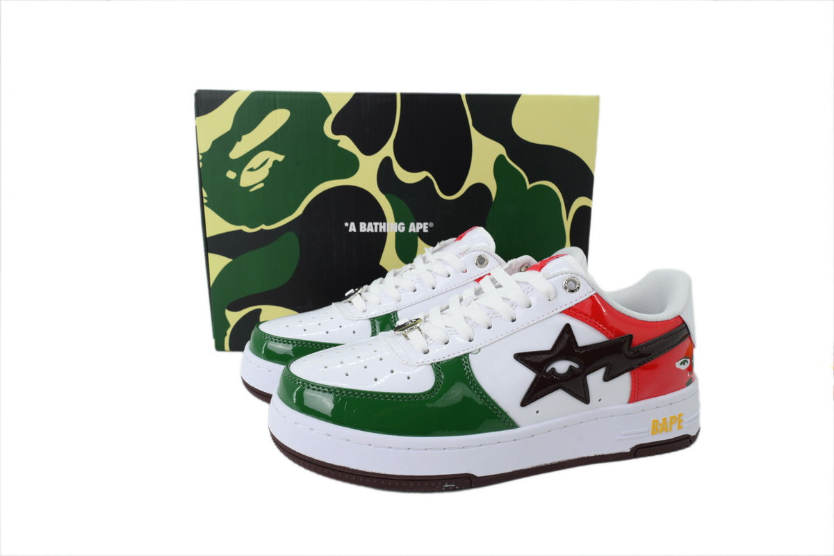 A BATHING APE BAPE STA Glossy Green, Red & White Eye-Graphic Sneakers | Women's & Men's Skate-Inspired Shoes