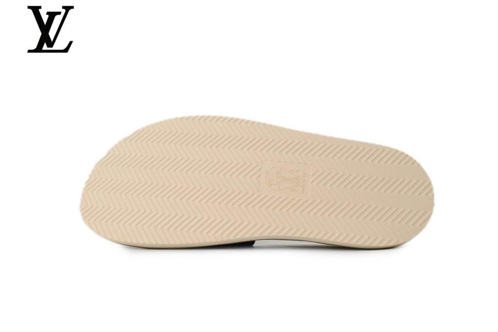 Louis Vuitton Single Strap Slide Sandal – Black Suede Leather & Beige Footbed