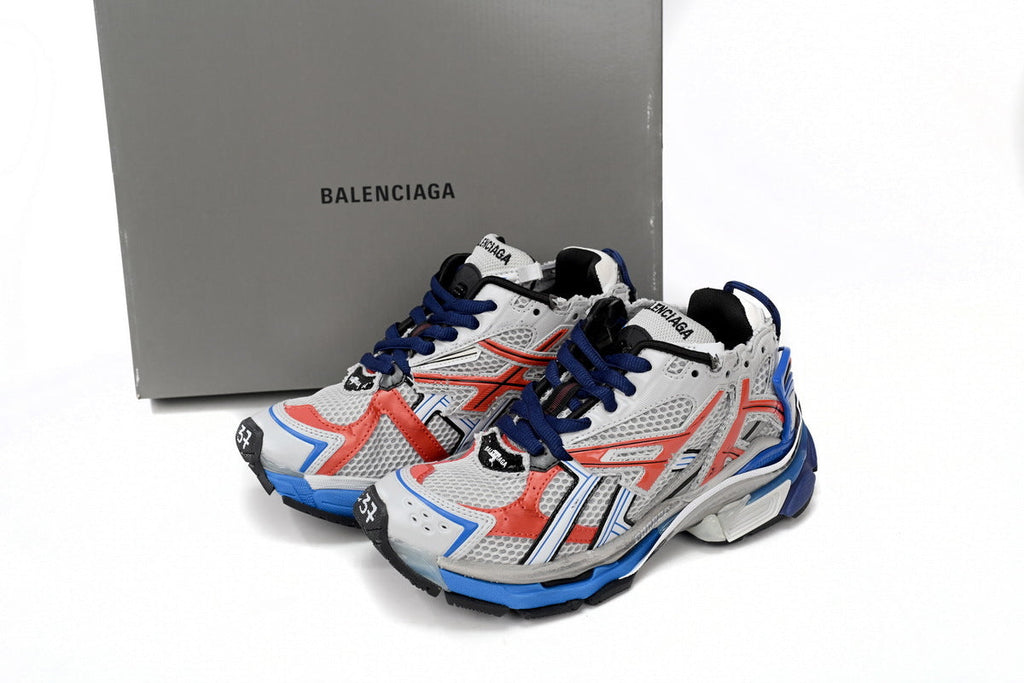 Balenciaga men's shoes Track Runner Sneaker – Distressed Low-Top balenciaga runners  White, Red, and Blue