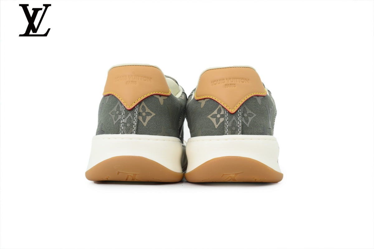 Louis Vuitton Low Top Sneaker in Olive Monogram Canvas with White Leather Trim and Gum Sole