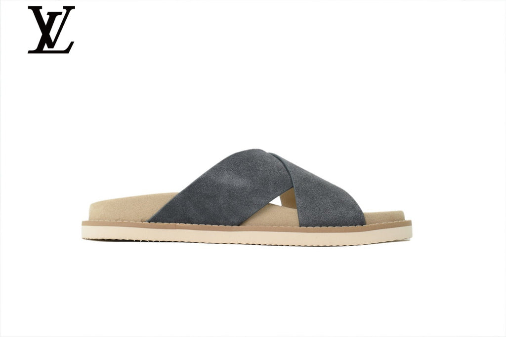 Louis Vuitton Cross Strap Slide Sandal – Grey Suede Leather & Beige Footbed