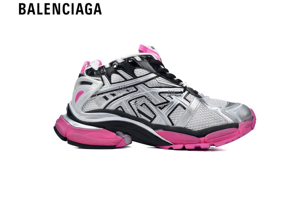 Balenciaga Runner men's shoes  women sneakers— Silver Mesh, Black & Pink Synthetic Overlays