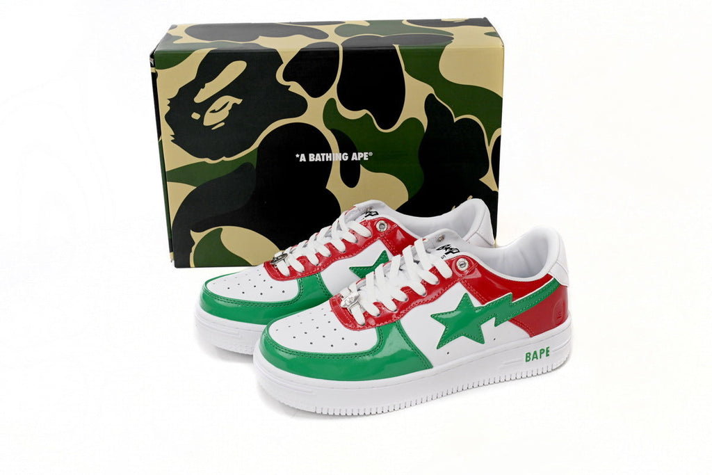 A BATHING APE BAPE STA Glossy Red, Green & White Sneakers | Women's & Men's Skate-Inspired Shoes