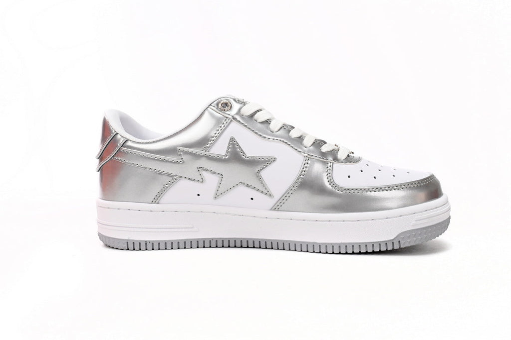 A BATHING APE BAPE STA Metallic Silver & White Sneakers | Women's & Men's Skate-Inspired Shoes