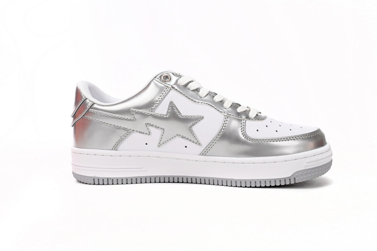 A BATHING APE BAPE STA Metallic Silver & White Sneakers | Women's & Men's Skate-Inspired Shoes