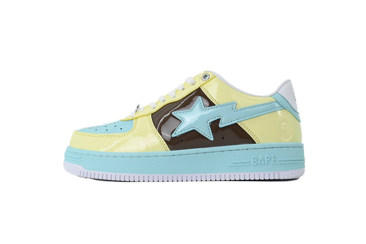 A BATHING APE BAPE STA Glossy Pastel Yellow, Aqua & Brown Sneakers | Women's & Men's Skate-Inspired Shoes