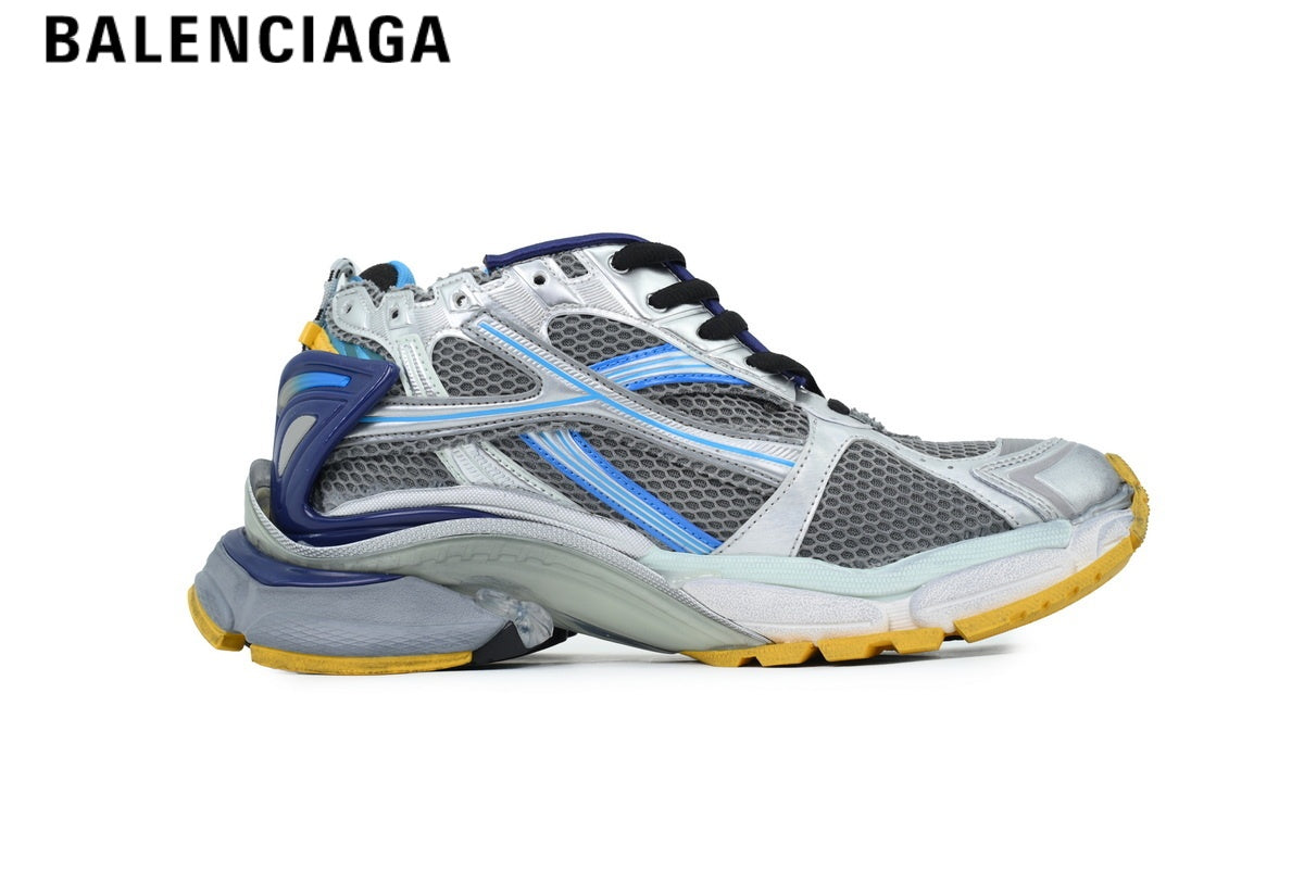 Balenciaga Runner Mid Sneaker — Silver Mesh, Blue & Yellow Synthetic Overlays