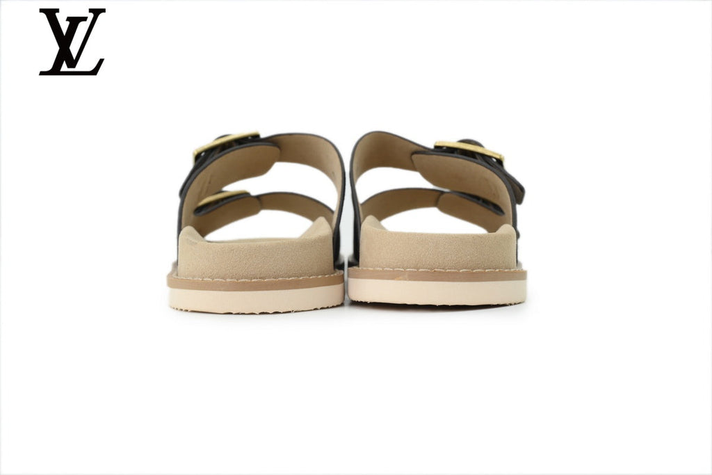 Louis Vuitton Double Buckle Slide Sandal – Dark Brown Suede Leather & Beige Footbed