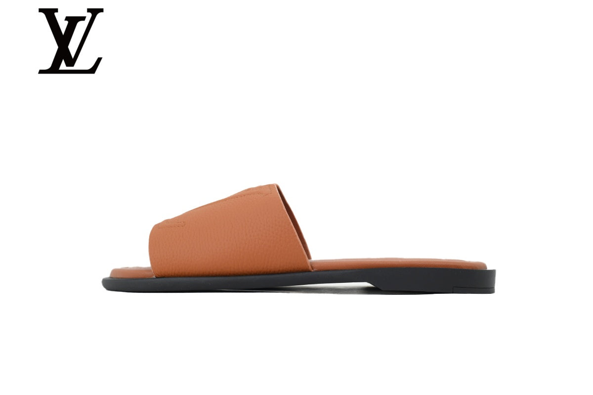 louis vuitton shoes for man  women sneakers Tan Grained Leather-Look Slides | Sizes 35–46