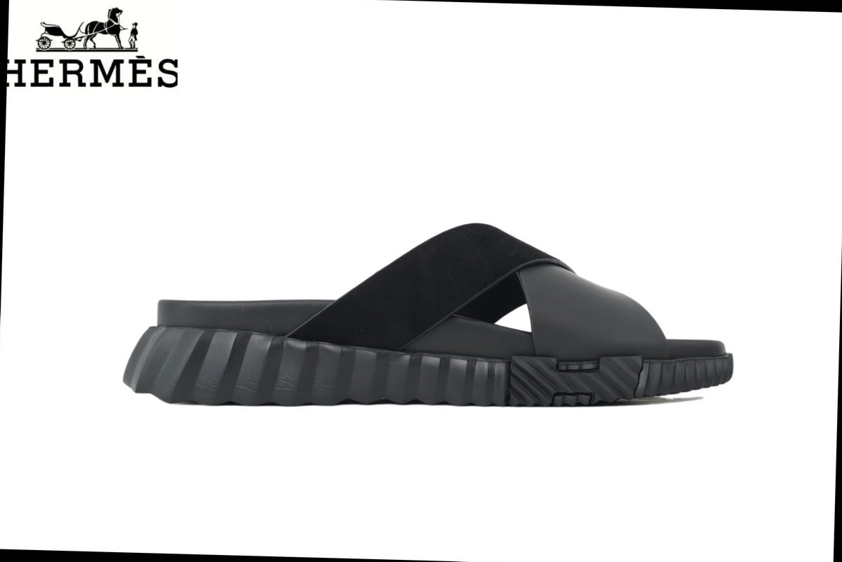Hermès Black Leather and Suede Cross-Strap Platform Slide Sandal