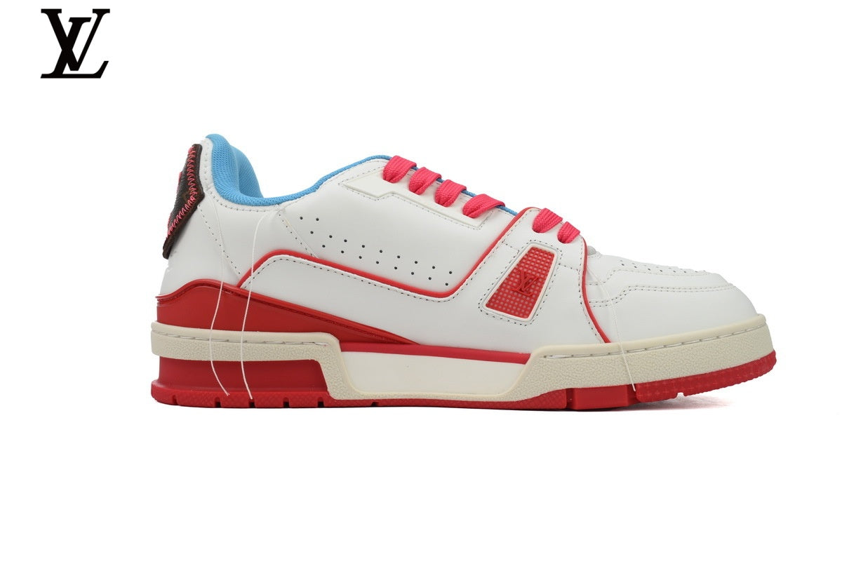 Louis Vuitton LV shoes for man  women Trainer Sneaker – White, Red & Blue