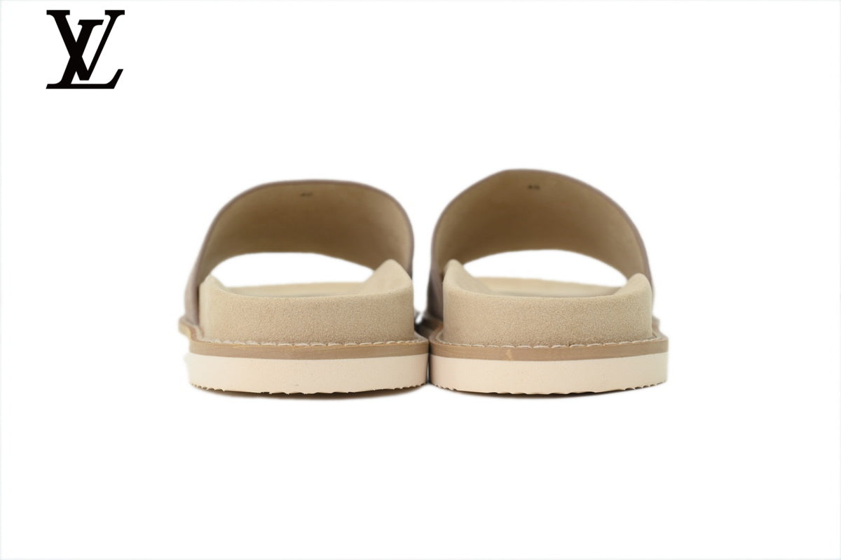 Louis Vuitton Single Strap Slide Sandal – Light Taupe Suede Leather & Beige Footbed