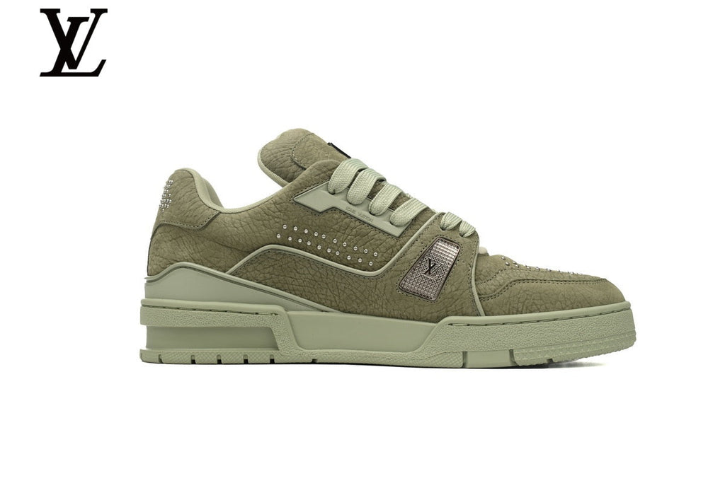 Louis Vuitton Low Top Trainer – Sage Green Grained Leather & Silver Logo