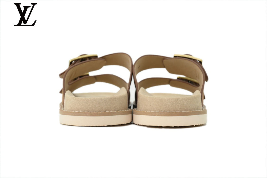 Louis Vuitton shoes for man  women Slide Sandal in Caramel Brown Suede with Double Gold Buckle