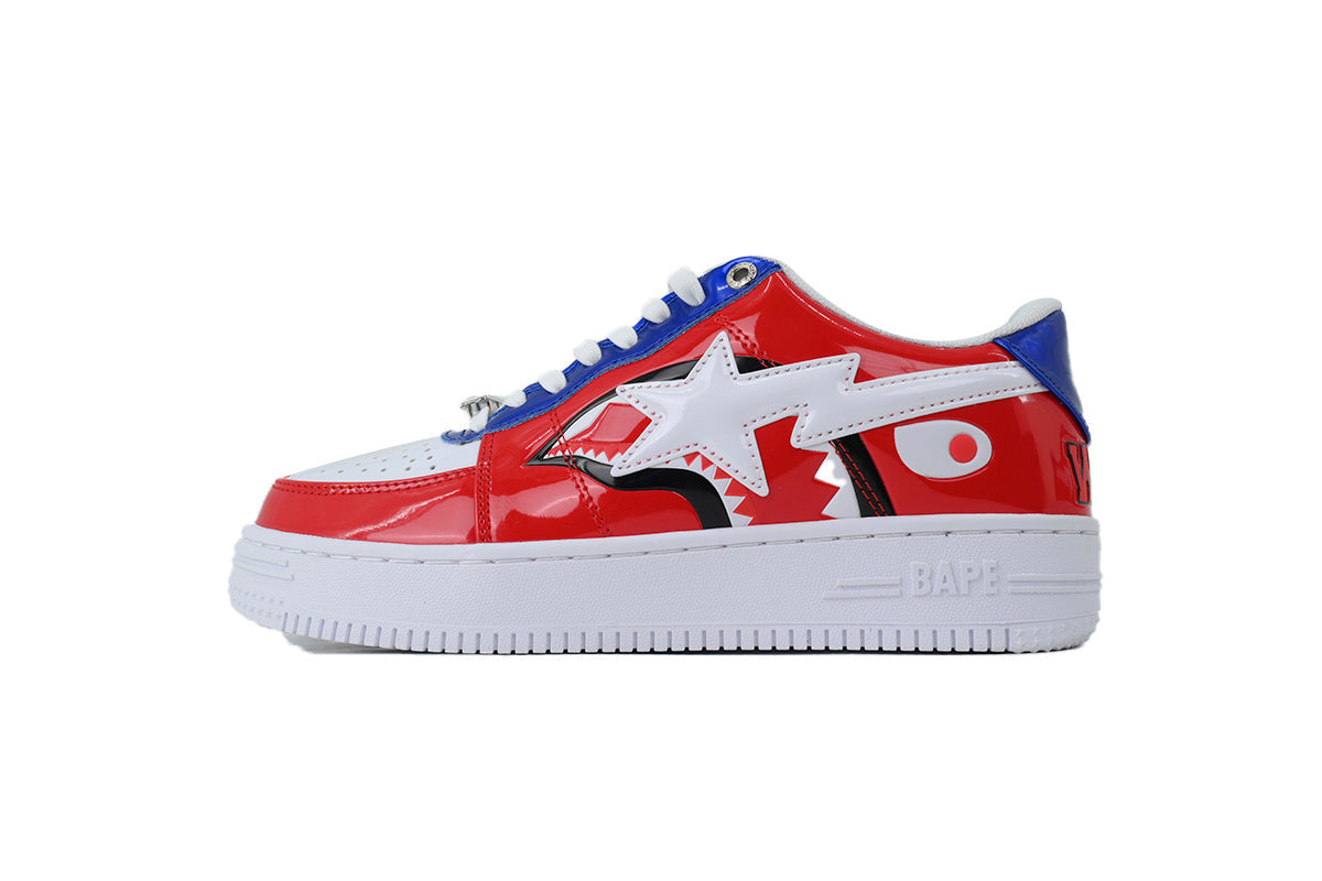 A BATHING APE BAPE STA Glossy Red, White & Blue Shark Sneakers | Women's & Men's Skate-Inspired Shoes