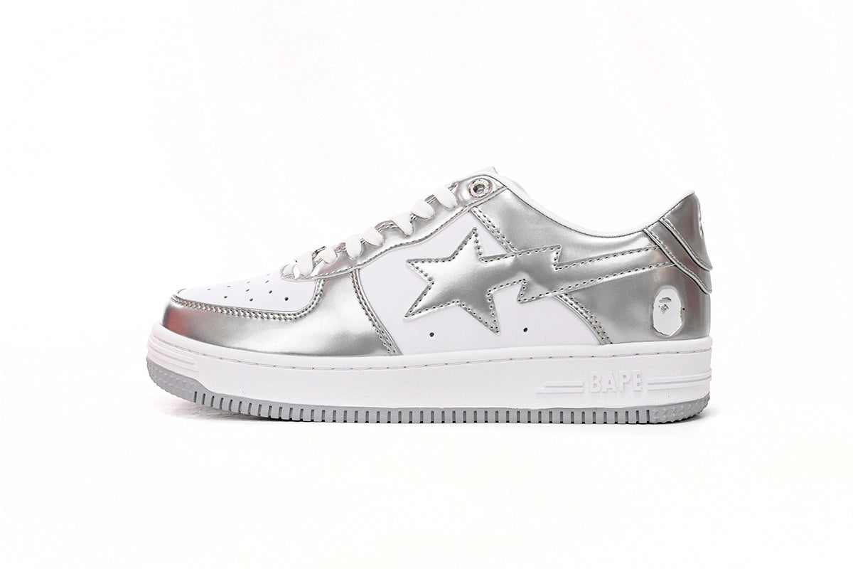 A BATHING APE BAPE STA Metallic Silver & White Sneakers | Women's & Men's Skate-Inspired Shoes