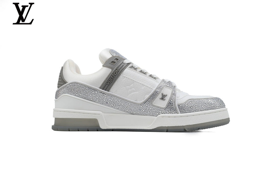 Louis Vuitton LV shoes for man  women Trainer Sneaker – White & Silver Rhinestone