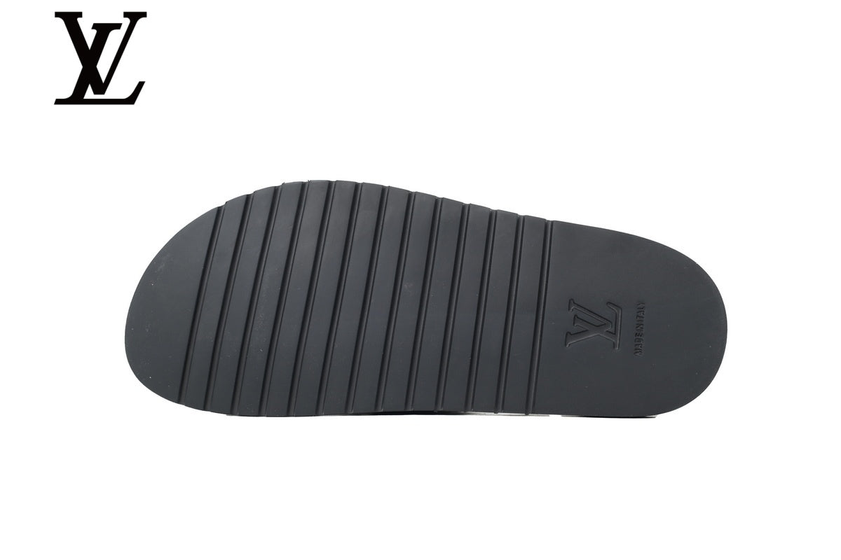 louis vuitton shoes for man  women Black Monogram-Pattern Leather-Look Slides | Sizes 35–46