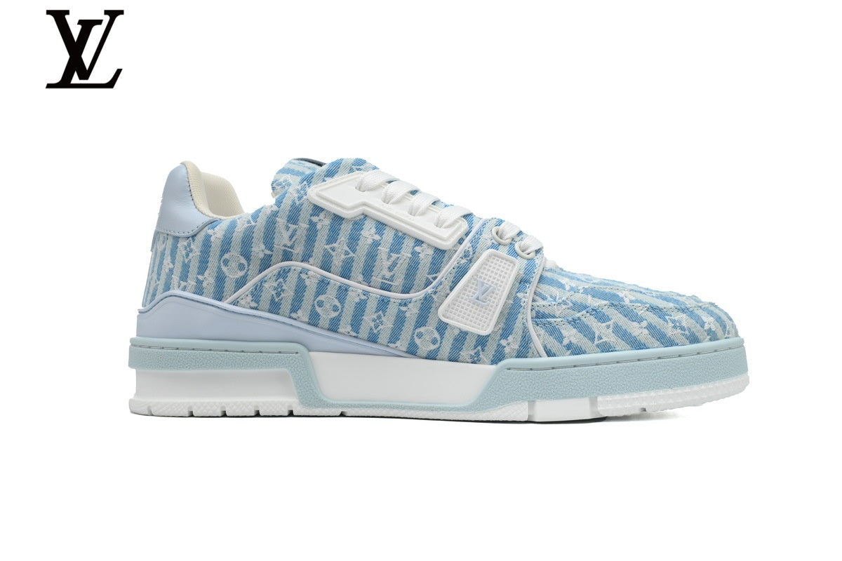Louis Vuitton Trainer  shoes for man  women Sneaker – Striped Monogram Denim in Light Blue