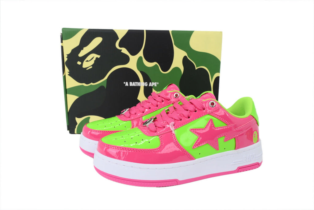 A BATHING APE BAPE STA Glossy Hot Pink & Neon Green Sneakers | Women's & Men's Skate-Inspired Shoes