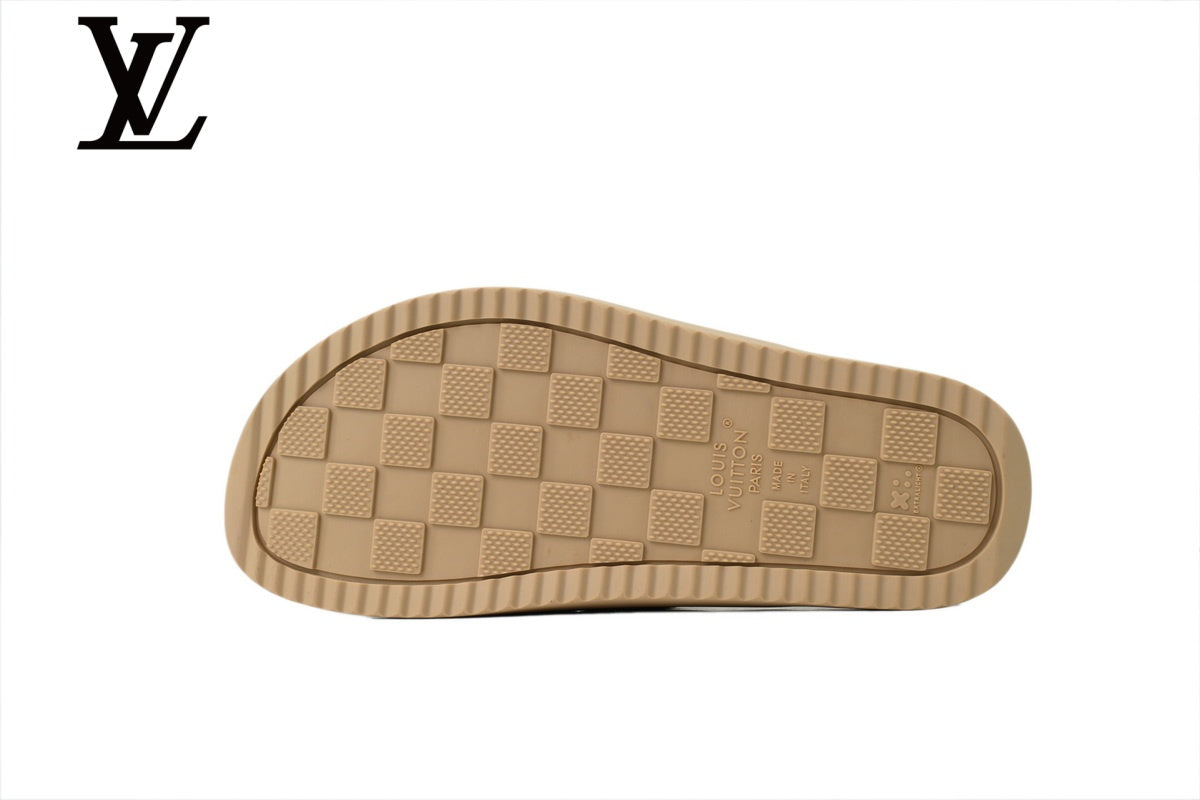 louis vuitton shoes for man  women Beige Monogram-Pattern Nubuck-Look Slides | Sizes 35–46