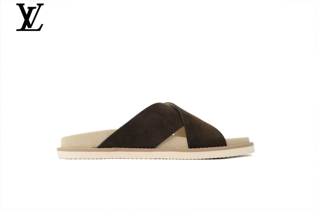 Louis Vuitton shoes for man  women Slide Sandal in Dark Brown Suede with Cross Strap