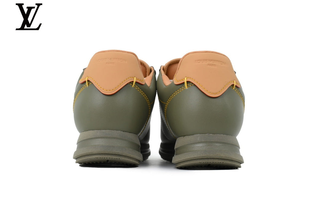 Louis Vuitton Low Top Sneaker in Olive Smooth Leather with Red LV Logo