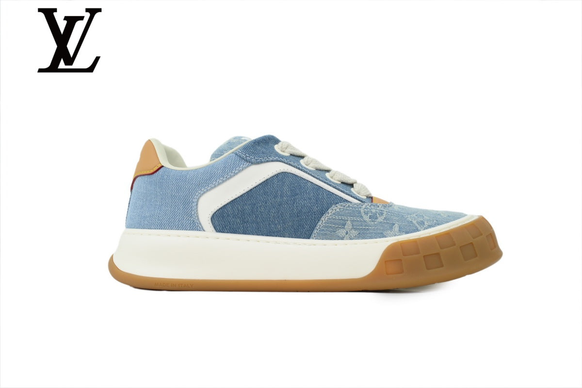 louis vuitton shoes for man  women Light Blue Monogram-Pattern Denim-Look Skate Sneakers | Sizes 35–46