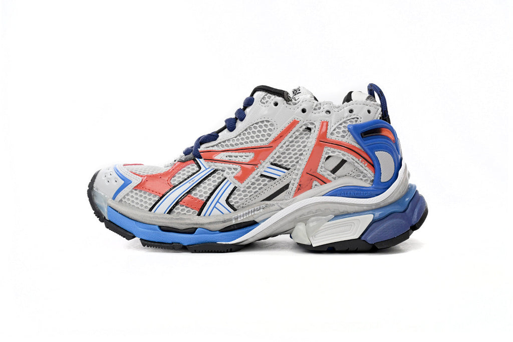 Balenciaga men's shoes Track Runner Sneaker – Distressed Low-Top balenciaga runners  White, Red, and Blue