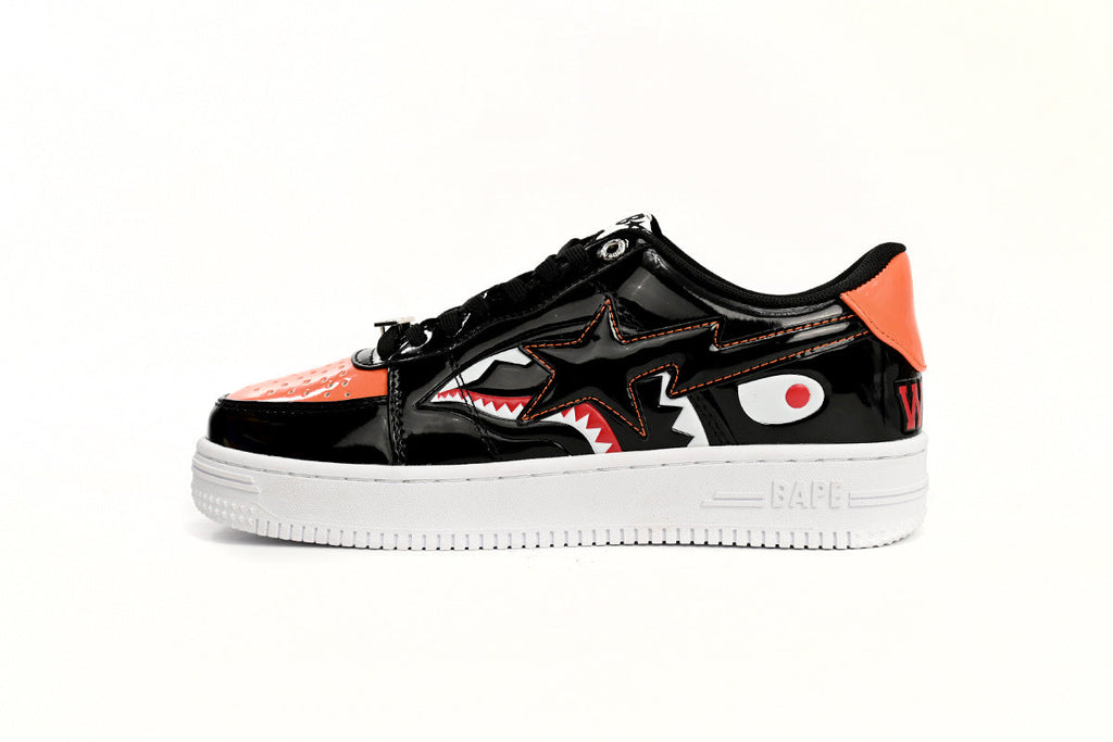 A BATHING APE BAPE STA Black & Orange Shark Graphic Sneakers | Women's & Men's Skate-Inspired Shoes