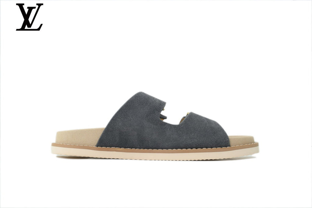 Louis Vuitton shoes for man  women Slide Sandal in Grey-Blue Suede with Double Gold Buckle