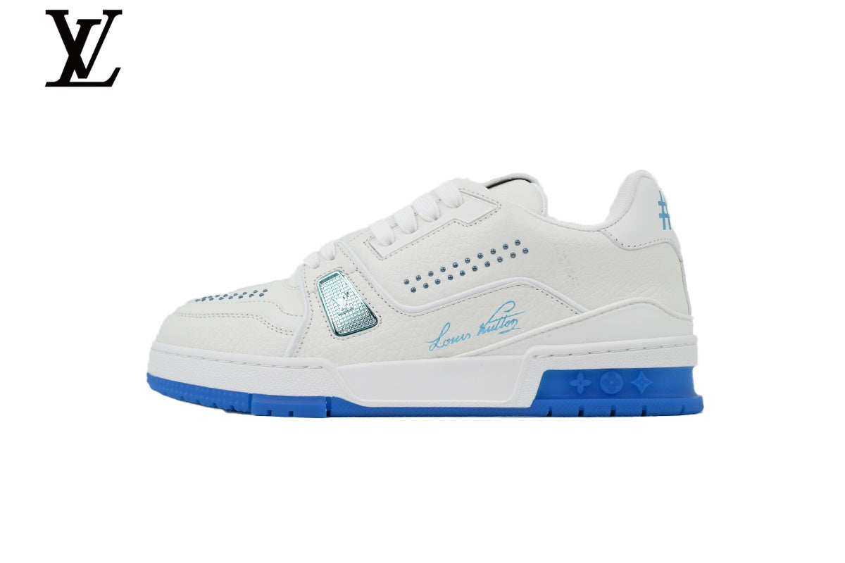 Louis Vuitton Trainer  shoes for man  women  Sneaker – White with Blue Sole