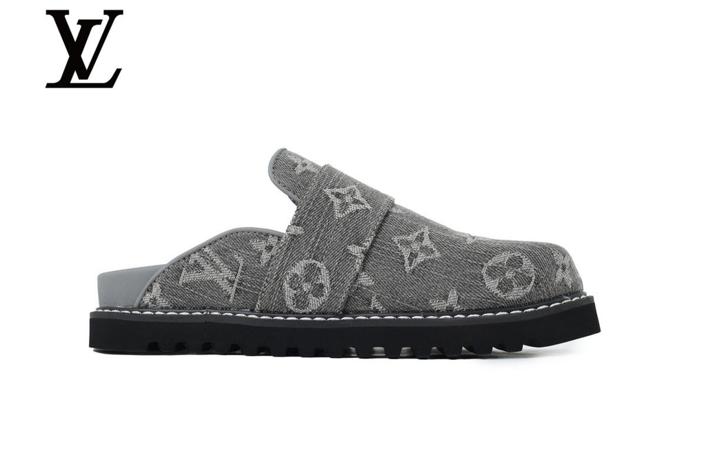 louis vuitton shoes for man  women Grey Monogram-Pattern Denim Mules | Sizes 35–46