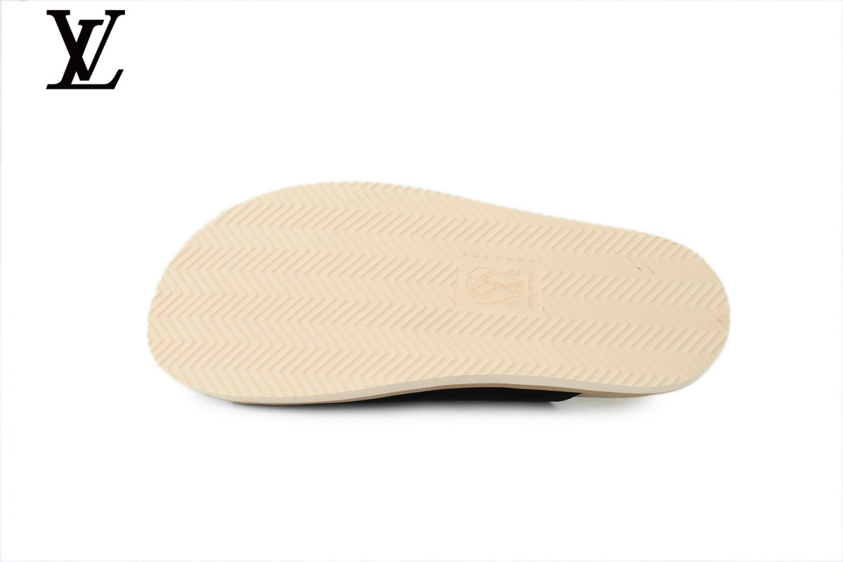 Louis Vuitton Double Strap Slide Sandal – Black Suede Leather & Gold Buckle