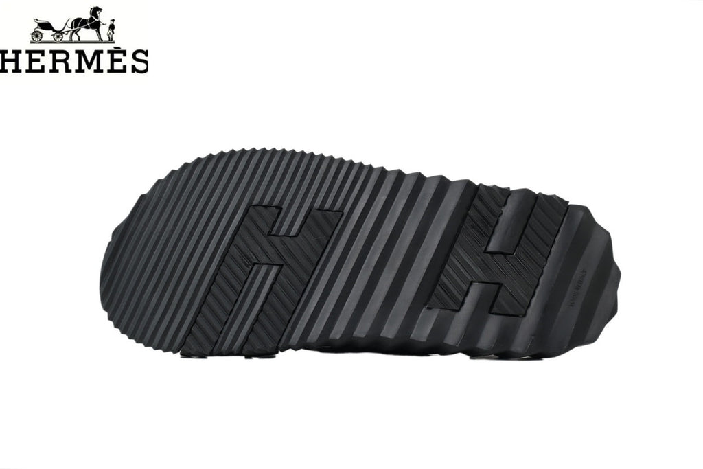 Hermès Black Leather and Suede Cross-Strap Platform Slide Sandal