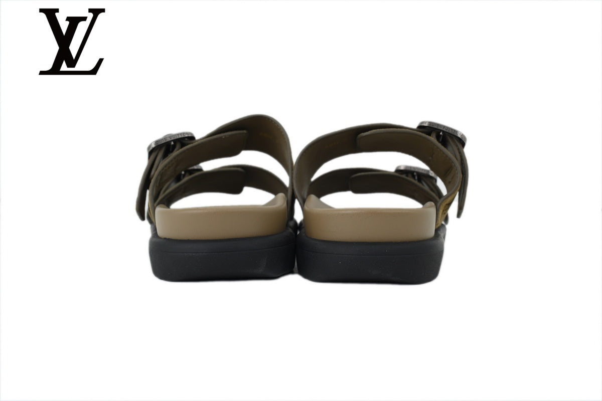 louis vuitton shoes for man  women Khaki Monogram-Pattern Suede-Look Double-Strap Slides | Sizes 35–46