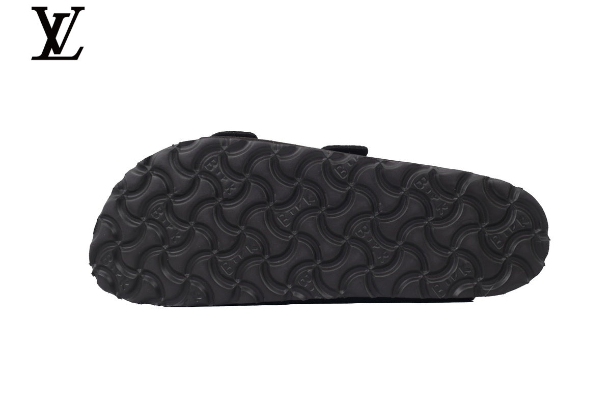 louis vuitton shoes for man  women Birkenstock Slide Sandal in Dark Coffee Suede with Double Buckle and Cork Footbed