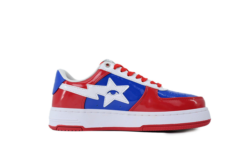 A BATHING APE BAPE STA Glossy Red, Blue & White Eye-Graphic Sneakers | Women's & Men's Skate-Inspired Shoes