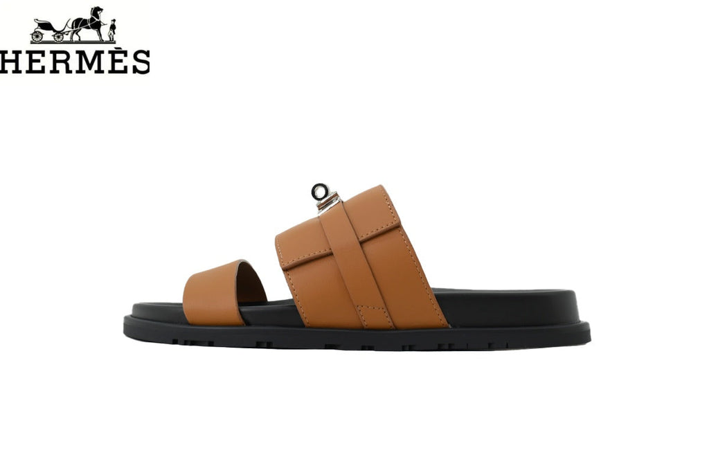 hermes womens shoes men sneaker  Loro Piana Brown Suede Cross Strap Slide Sandal