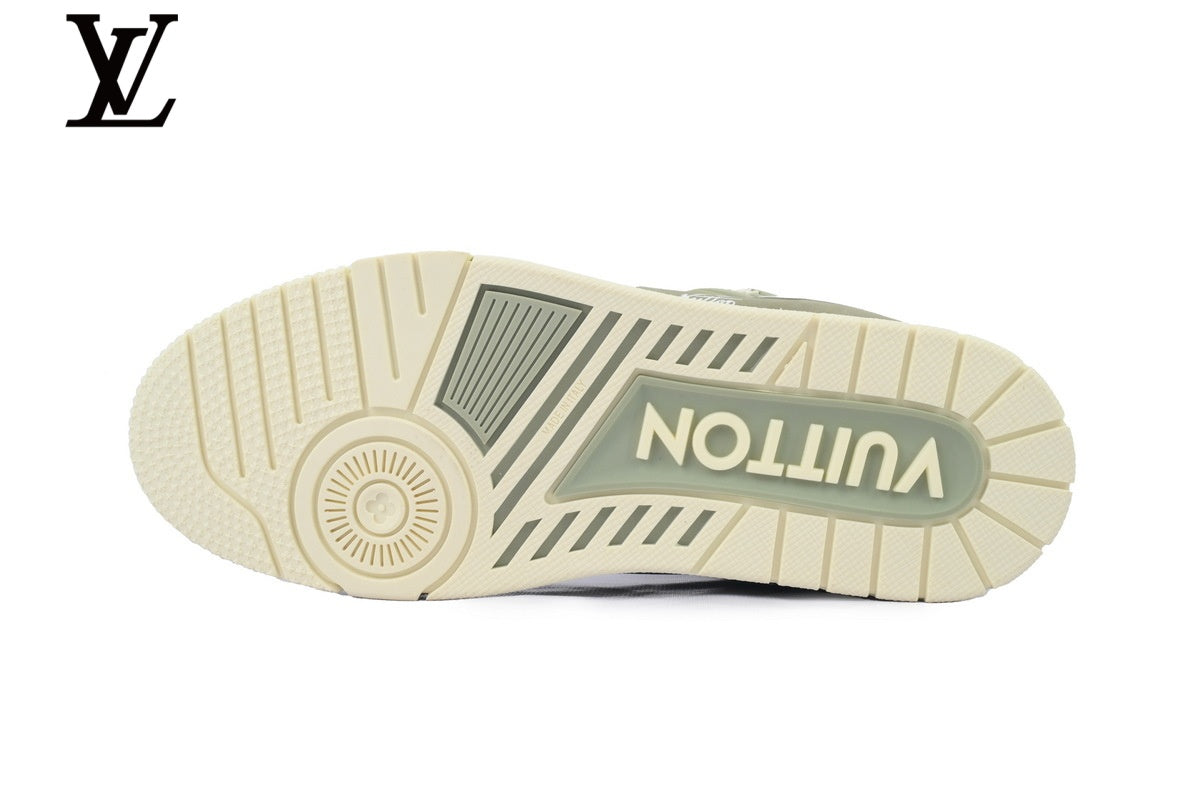 Louis Vuitton Low Top Trainer – White & Sage Green Mixed Leather & Suede