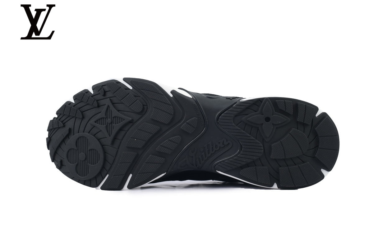 Louis Vuitton Low Top Sneaker – Black Mesh & Leather with Monogram Panel & White Outsole
