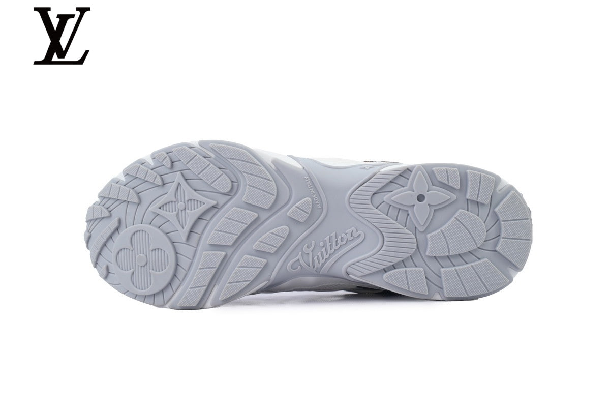 Louis Vuitton Low Top Sneaker – White Mesh & Leather with Monogram Panel & Grey Outsole