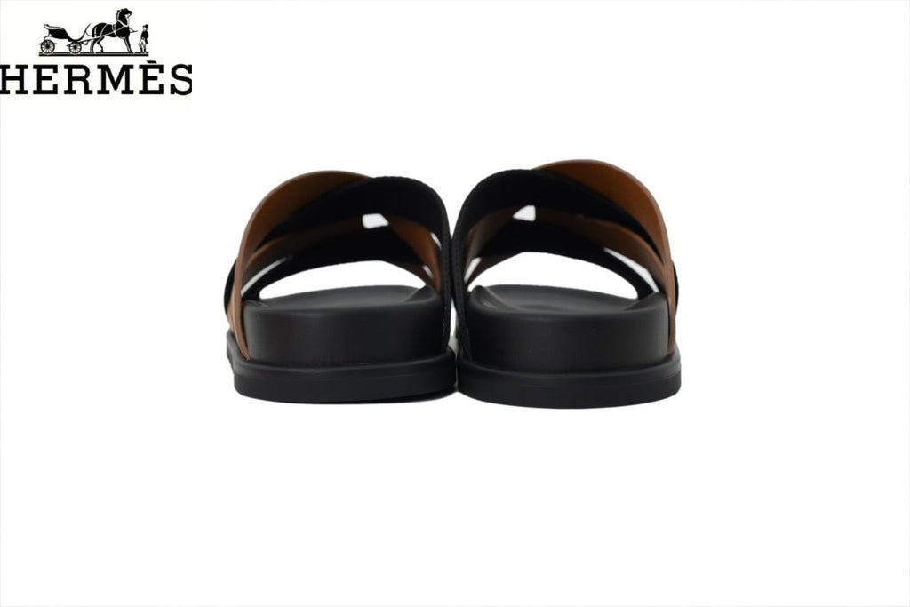 Hermès   slides Tan Leather and Black Fabric Cross-Strap Slide Sandal