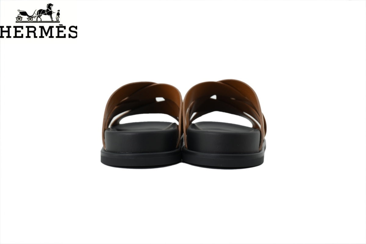 Hermès   slides  Tan Leather and Suede Cross-Strap Slide Sandal